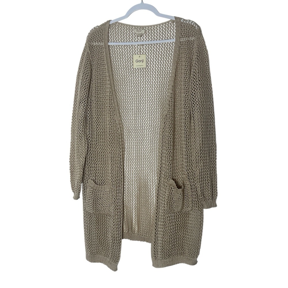 New Ganji LA Cardigan Women's 1X / 2X Beige Crochet Long Sleeve Open‎ Front Long